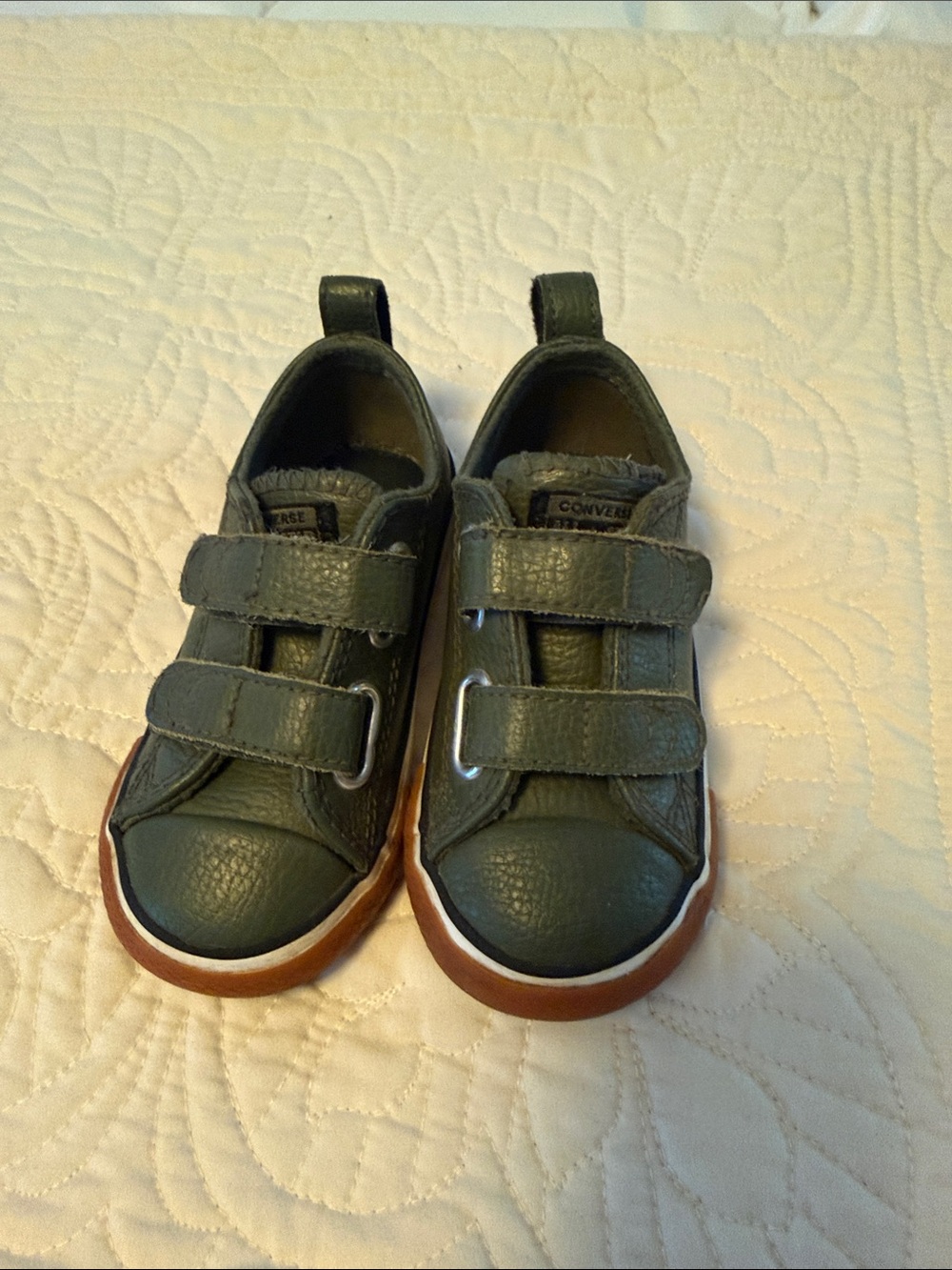 Converse Kids Olive Green Leather Double-Strap Sneakers